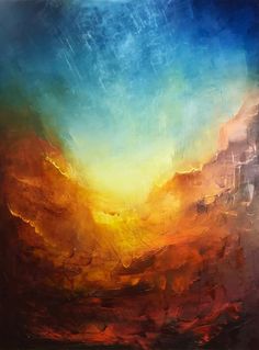 an abstract painting with orange, yellow and blue colors in the sky above it is a mountain range