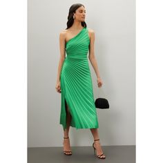 Green pleated (85% Nylon, 15% Metallic). Cocktail dress. Sleeveless. One shoulder. Pull-on closure. 58" from shoulder to hemline. Made in the USA of imported fabric. Chic One-shoulder Lined Dress, One Shoulder Pleated Maxi Dress For Cocktail, Pleated Cocktail Dress With Asymmetrical Neckline, Fitted Sleeveless Pleated Dress For Evening, Sleeveless Midi Dress With Folds For Evening, Formal Pleated Dress With Asymmetrical Neckline, Chic Green Midi One Shoulder Dress, Spring Evening Pleated One Shoulder Dress, Chic Pleated One Shoulder Evening Dress