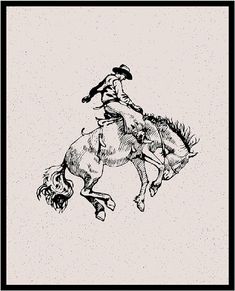 an ink drawing of a cowboy riding a bucking bronco