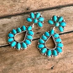 "Western Turquoise Teardop Hoop Earrings Measure 2 1/8\" x 1 1/8\" Matching bracelets sold separately." Turquoise Southwestern Hoop Earrings, Turquoise Metal Hoop Jewelry, Turquoise Hoop Metal Jewelry, Tooled Leather Phone Case, Teal Jewelry, Western Turquoise, Western Earrings, Oct 31, Matching Bracelets