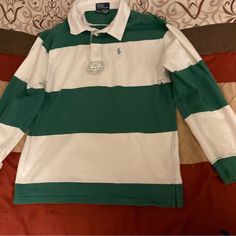 This Is Brand New Boys Ralph Lauren Polo Long Sleeve Shirt; Size :12/14 . Color Is Green And White Stripes. Preppy White T-shirt For Spring, Green Short Sleeve Preppy Tops, Preppy Green Short Sleeve Tops, Preppy Green Cotton Top, Green Preppy Cotton Tops, White Long Sleeve Ralph Lauren Shirt, Preppy Cotton Long Sleeve Tops, Preppy Long Sleeve Cotton Tops, Preppy White Top For Spring