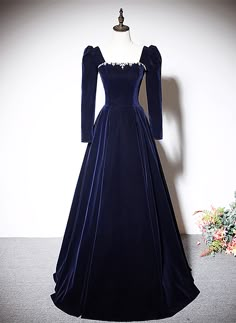 Formal Dress Blue, Blue Velvet Gown, Beaded Formal Dress, Navy Blue Prom Dresses, A Line Prom Dress, Velvet Prom Dress, Marine Uniform, Navy Blue Velvet, Color Rush