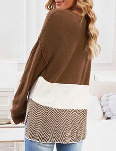 Knit Stitching Casual Loose Sweater Pullover Long Sleeve Patchwork Sweater For Fall, Cozy Patchwork Tops For Fall, Brown Patchwork Sweater For Spring, Beige Crew Neck Sweater With Patchwork, Layering Long Sleeve Patchwork Sweater, Brown Knit Patchwork Top, Brown Patchwork Sweater For Fall, Knit Patchwork V-neck Sweater, Brown Crew Neck Sweater With Patchwork