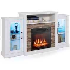 a white entertainment center with a fireplace and bookshelf in front of the fire