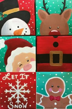 four paintings of santa claus, reindeer, and snowmen with words that say get it now