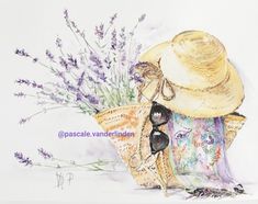 a watercolor painting of a woman's hat and sunglasses with lavenders in the background