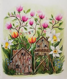 a painting of flowers and birds in front of a house with a birdhouse on it