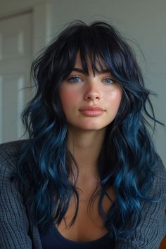 Dark Fun Colored Hair, Haircut Long With Bangs, Midnight Blue Hair Ombre, Colored Hair For Brunettes, Woman With Blue Hair, Fox Hair, Vivid Hair Color, Fine Straight Hair, Dramatic Hair