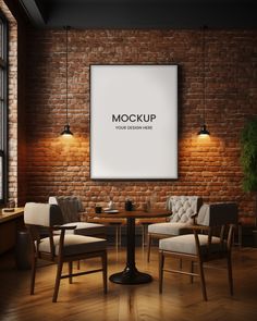 a brick wall with two chairs and a table in front of it that says mockup