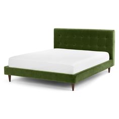 a green bed frame with white sheets and pillows on the bottom, in front of a white background