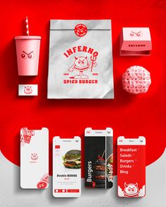 an assortment of food and drink items displayed on a red background