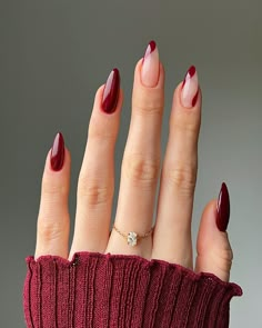 Red Acrylics Nails, Korean Nails Almond Shape, Red Nails Elegant Classy, Partial French Tip Nails, Red Nail Gel Design, Nails Acrylic Simple Designs, Red Chrome Gel Nails, Summer To Fall Nail Designs, Red Oval Nails With Design