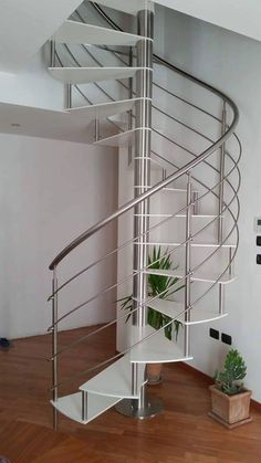 a white spiral staircase next to a potted plant on top of a hard wood floor