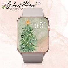 a watercolor christmas tree on an apple watch face with the words bake in bloom creations