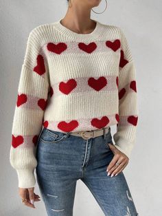 That SHEIN Frenchy Heart Pattern Drop Shoulder Sweater in white sounds like a perfect choice for Valentine's Day! The combination of striped and heart patterns adds a unique and playful touch to the sweater. With its long sleeves and regular length, it's perfect for a casual and comfortable look. Pair it with your favorite jeans or leggings, and you'll be ready to celebrate in style. Have a fantastic Valentine's Day! 💕👚 Knit Crew Neck Sweater With Heart Print, Trendy Fall Sweater With Heart Print, Trendy Heart Print Sweater For Winter, Cute Heart Graphic Sweater For Fall, Trendy Heart Graphic Sweater For Fall, Casual Heart Graphic Sweater For Fall, Cute Heart Print Winter Sweater, Casual Fall Sweater With Heart Graphic, Cute Winter Sweater With Heart Print