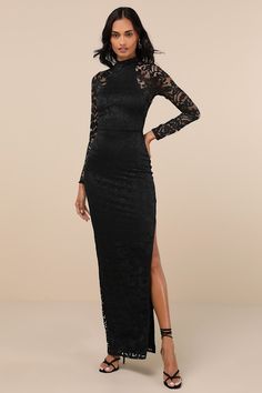 Everyone will be enticed by the luxurious vibe you'll bring in the Lulus Extravagant Energy Black Lace Backless Long Sleeve Maxi Dress! Sheer lace (atop a matching knit liner) shapes this sultry dress that features a chic mock neckline and long sleeves. The fitted waist tops a flattering column skirt that cascades down to an elegant maxi hem. Two button-loop closures secure above an flirty open-back cutout to complete the look. Fit: This garment fits true to size. Length: Floor length. Size medi Formal Lace Maxi Dress For Fall, Formal Fall Lace Maxi Dress, Sultry Dress, Backless Lace Dress, Lace Wedding Guest Dress, Backless Long Sleeve, Black And Blue Dress, Column Skirt, Adhesive Bra