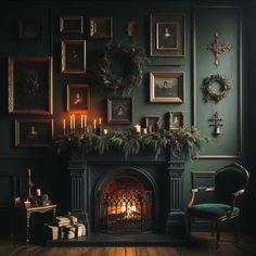 a living room filled with furniture and a fire place covered in greenery next to a fireplace