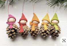 three little gnomes are hanging from pine cones