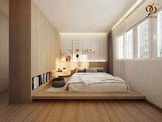 a bed sitting in the middle of a bedroom next to a wooden floor and window