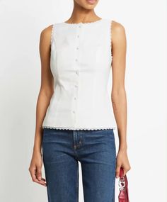 White top, blouse, Chic White Buttoned Tank Top, White Sleeveless Fitted Smocked Top, Elegant White Tank Top With Button Closure, Luxury White Boxy Top, White Stand Collar Top With Button Closure, Pajamas Aesthetic, Price Comparison, High Neckline, White Top