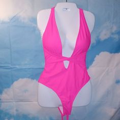 This Neon Barbiecore Pink 1-Piece Monokini Deep Plunge Swimsuit Features Super Long Ties For A Variety Of Styles Just One Is Shown, So Have Fun Playing With It Make It Fit Your Body, Your Way! Has Removable Bra Pads And Protective Hygienic Liner On Bottom. Size Large, Never Worn And Is New Without Tags. Unbranded. Like The Item But Not The Price? Make An Offer! Like More Than One Item? Make Or Request A Bundle And Save! #Pool #Beach #Vacation Summer Club One-piece Swimwear, Sleeveless Club Swimwear For Beach Season, Summer One-piece Club Leotard, Summer V-neck Bodysuit For Club, Backless Bodysuit With Lined Body For Pool, Trendy Fitted V-neck Swimwear, Backless Bodysuit For Beach Season With Lined Body, Solid Color Bodysuit For Club And Beach Season, Beachwear One Piece With Triangle Top And Lined Body