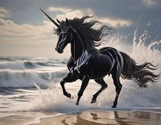 a painting of a black unicorn running on the beach with waves crashing in front of it