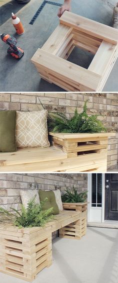 two pictures of wooden benches with planters on the bench and in front of them