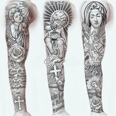 three different tattoos on the arms and legs, one with an image of a woman holding a cross