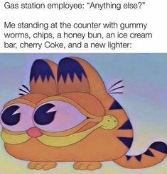 an image of a cartoon cat with caption that reads, gas station employee anything else? me standing at the counter with gummy worms, chips, a honey bun, an ice cream bar,