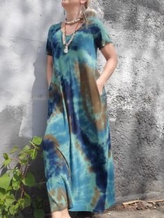 Green Blue Maxi Tie Dye Dress, S-XL Super Soft Boho Dress, Dress with Pockets, Cruise Maxi Dress, Short Sleeve T-Shirt Dress, Hand Dyed   I am 5'3", modeling a size small (53" long). It almost reaches the floor when I have no shoes on - about 1-2" up from the ground. The bigger sizes are longer, see below! IN the LAST PHOTO; I have an almost identical color combo & a similar dress in ALL SIZES! https://vacationwardrobe.etsy.com/listing/1504805746 This color is FAB with some shell jewelry - reall Blue Cotton Maxi Dress With Short Sleeves, Casual Blue Maxi Dress With Relaxed Fit, Casual Blue Relaxed Fit Maxi Dress, Blue Relaxed Fit Maxi Dress For Summer, Casual Blue Denim Maxi Dress, Blue Cotton Relaxed Fit Maxi Dress, Blue Casual Relaxed Fit Dress, Blue Casual Dress With Relaxed Fit, Blue Casual Short Sleeve Maxi Dress