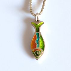 Champleve enamel folk art fish pendant with red orange belly, green back and blue lake shown along its side. Hung on chain. Beulah Michigan, Lake Fish, Fish Pendant Necklace, Vitreous Enamel, Fish Necklace, Fish Drawings, Crystal Lake, Fish Design, Silver Box