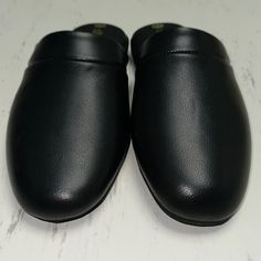 They Appear As Brand New & Unworn , No Issues , Odors , Smoking Or Pets Black Leather Slip-on Mules, Black Leather Slippers With Branded Insole, Black Slip-on Closed Toe Slippers, Black Synthetic Slippers With Leather Sole, Black Slippers With Leather Sole, Black Flat Slippers With Leather Sole, Formal Black Slippers With Branded Insole, Black Cushioned Slip-on Mules, Elegant Black Leather Slippers