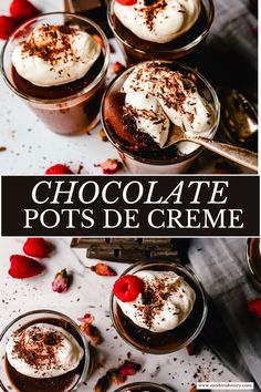 chocolate pots de creme with whipped cream and raspberries in the bottom left corner