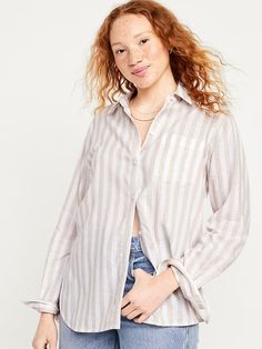 Linen-Blend Button-Down Boyfriend Shirt | Old Navy Striped Boyfriend Shirt, Clothes Spring, Navy Linen, Summer Capsule, Boyfriend Shirt, Petite Size, Natural Linen, Linen Blend, Chest Pocket