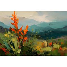 an oil painting of orange flowers in front of mountains