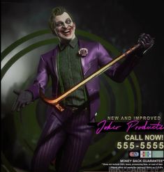 the joker is holding a bat in his right hand and wearing a purple suit with green accents