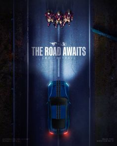 the road awaits movie poster with an overhead view of a blue car and two people