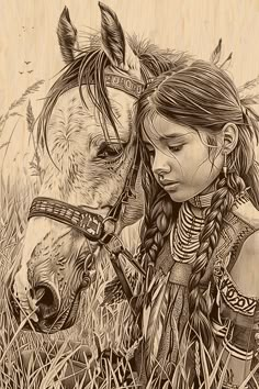 a drawing of a girl and a horse in tall grass with long braids on their heads