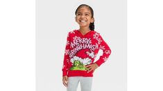 Get them excited for Christmas with The Grinch Christmas Pullover Sweater. Made of cotton and polyester, this jacquard-knit sweater in red showcases a graphic of the Grinch wearing a Santa hat along with "Merry Grinchmas" text for festive flair. Tailored in a regular fit, this waist-length sweater features a hooded neckline to keep them warm and cozy. Plus, the long sleeves with ribbed cuffs provide a snug fit. | The Gr Girl's Toddlers Red Christmas Pullover Sweater with Hood (12M) | Target The Grinch Shirts, Crazy Christmas Sweaters, Dr Seuss Shirts, Excited For Christmas, The Grinch Christmas, Grinch Shirts, Sweater With Hood, Christmas Pullover, Merry Grinchmas