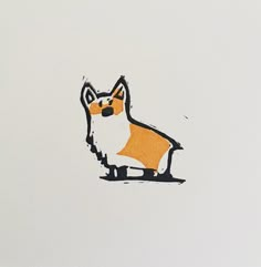 a drawing of a fox sitting on top of a white sheet with orange and black ink