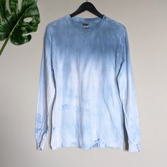 Dusty Navy Blue, Light Blue And White Ombre Tie Dye Long Sleeve T-Shirt Unisex Sizing Hand Dyed By Me On A Brand New Tee Has Stretch Preshrunk 100% Cotton 21.5" Pit To Pit | 29" Long Blue Washed Relaxed Fit T-shirt, Indigo Crew Neck Tops For Summer, Blue Washed Cotton Tops, Blue Washed Cotton Top, Blue Soft-washed Shirt With Relaxed Fit, Blue Cotton Soft-washed Top, Blue Soft-washed Relaxed Fit Shirt, Basic Blue Soft-washed Tops, Soft-washed Blue Cotton Top