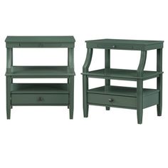 two green tables with drawers on each side