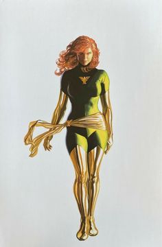 a drawing of a woman in a body suit with long red hair and gold legs