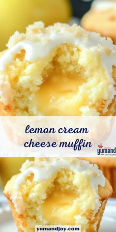 lemon cream cheese muffins on a plate with the words, lemon cream cheese muffin