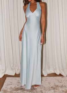 Heavy Hearted Satin Maxi Dress - Ice Blue – Peppermayo US Light Blue Silk Maxi Dress, Fairy Princess Wedding, Light Blue Satin Dress, Light Blue Dress Formal, Light Blue Formal Dress, Blue Satin Prom Dress, Matric Farewell, Blue Satin Dress, Blue Halter Dress