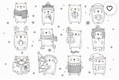 hand drawn christmas animals with hats and mittens