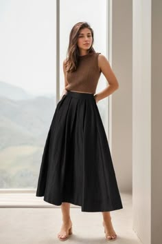 "you can wear it as a casual skirt for travelling, having a picnic with your friends, dating and shopping, Perfect for lazy days that you want to sustain a chic and stylish appearance. DETAIL * 100% linen  * Linen skirt, black Linen skirt * Organic Linen skirt * Right Side zip closure * Two side pockets * pleated waist detail * Back elastic waist, plus size skirt * Midi Linen skirt * Perfect for summer, spring, autumn MODEL SIZE Bust 85 cm(33.4\") Waist 67 cm(26.7\") Height 168cm (5' 6\") She wears size XS Choose CUSTOM Order if you * Can't find your size in our size Chart * Your Height is not Between 5'1\" - 5\"9\" * Your weight is over 80kg SIZE GUIDE Size vary between Brand and Country Please get your body measurement with our Size Guide And Find your size in our Size Chart SIZE CHART h Black A Line Skirt Outfit Casual, A Line Black Skirt Outfit, Black Peasant Skirt Outfit, Summer A-line Maxi Skirt With Pockets, Black Skirt Outfit Ideas Summer, Linen A-line Pleated Skirt, Midi Skirts Ideas, Spring Linen A-line Skirt, Linen Midi-length Pleated Skirt