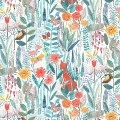 a colorful floral wallpaper with birds and flowers