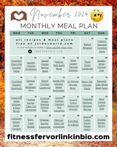 the november meal plan is shown with fall leaves and trees in the background, as well as