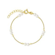 This unique double stranded freshwater cultured pearl bracelet is the perfect gift for a baby girl's first birthday. An elegant 14k yellow gold bracelet beautifully crafted with double 3mm freshwater cultured pearls stranded delicately throughout the chain. This beautiful bracelet measures 5" and can be extended to 6" to safely and securely fit around your little ones wrist. Gift Box included. Kids Gold Jewelry Baby Girl, White Gold Pearl Bracelet As Gift, Yellow Gold Pearl Bracelets As Gift, Dainty White Gold Pearl Bracelet, Dainty Pearl Chain Jewelry For Mother's Day, Akoya Pearl Bracelet As A Gift, Gold Akoya Pearl Bracelet Gift, Gold Akoya Pearl Bracelet With Round Beads, Fine Jewelry Pearl Bracelet For Anniversary